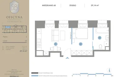 Rzut - Mieszkanie na sprzedaż 1 pokój o powierzchni 29,14 m² - numer 68 w Oficyna - mieszkania