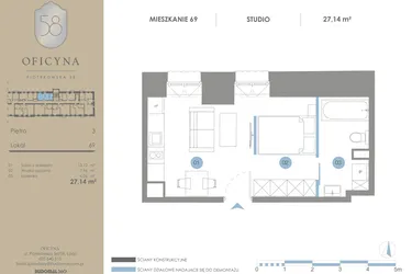 Rzut - Mieszkanie na sprzedaż 1 pokój o powierzchni 27,14 m² - numer 69 w Oficyna - mieszkania