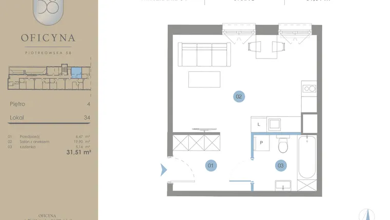 Rzut - Mieszkanie na sprzedaż 1 pokój o powierzchni 31,51 m² - numer 34 w Oficyna - mieszkania