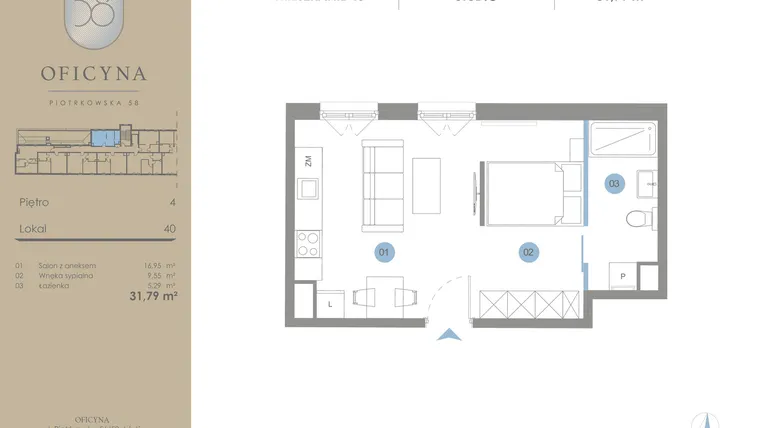 Rzut - Mieszkanie na sprzedaż 1 pokój o powierzchni 31,79 m² - numer 40 w Oficyna - mieszkania