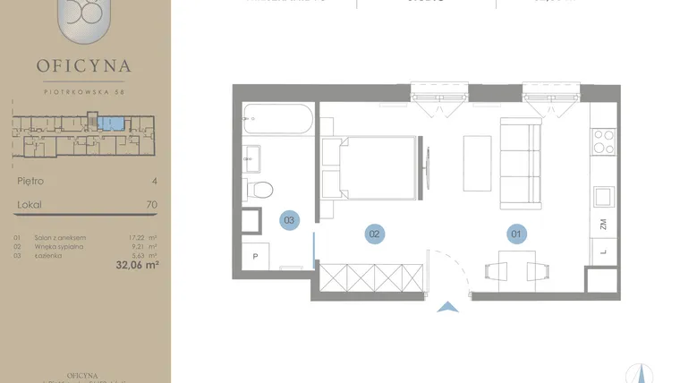 Rzut - Mieszkanie na sprzedaż 1 pokój o powierzchni 32,06 m² - numer 70 w Oficyna - mieszkania