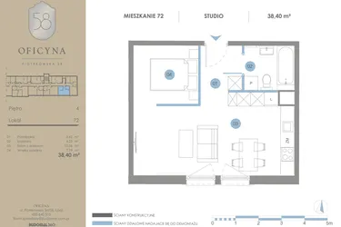 Rzut - Mieszkanie na sprzedaż 1 pokój o powierzchni 38,4 m² - numer 72 w Oficyna - mieszkania