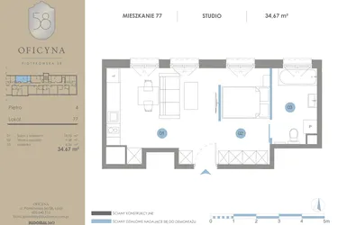 Rzut - Mieszkanie na sprzedaż 1 pokój o powierzchni 34,67 m² - numer 77 w Oficyna - mieszkania