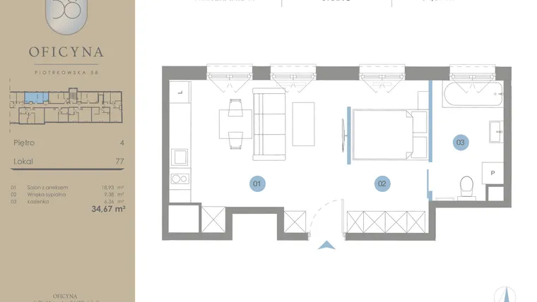 Rzut - Mieszkanie na sprzedaż 1 pokój o powierzchni 34,67 m² - numer 77 w Oficyna - mieszkania