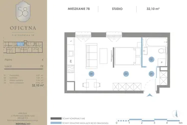 Rzut - Mieszkanie na sprzedaż 1 pokój o powierzchni 32,1 m² - numer 78 w Oficyna - mieszkania