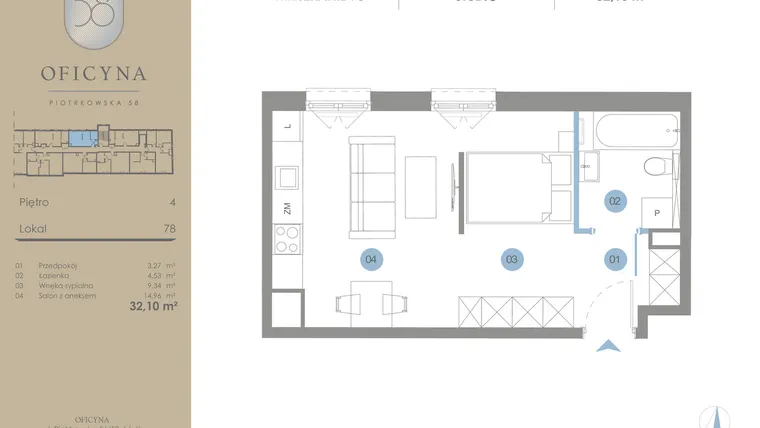 Rzut - Mieszkanie na sprzedaż 1 pokój o powierzchni 32,1 m² - numer 78 w Oficyna - mieszkania