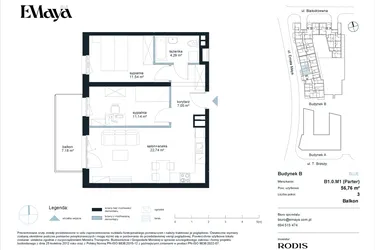 Rzut - Mieszkanie na sprzedaż 3 pokoje o powierzchni 56,76 m² - numer B1.0.M1 w EMaya