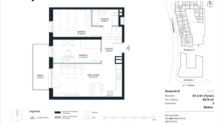 Rzut - Mieszkanie na sprzedaż 3 pokoje o powierzchni 56,76 m² - numer B1.0.M1 w EMaya