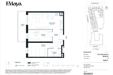 Rzut - Mieszkanie na sprzedaż 3 pokoje o powierzchni 56,59 m² - numer B1.0.M2 w EMaya