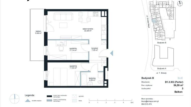 Rzut - Mieszkanie na sprzedaż 3 pokoje o powierzchni 56,59 m² - numer B1.0.M2 w EMaya