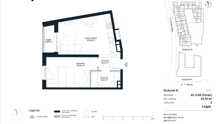 Rzut - Mieszkanie na sprzedaż 2 pokoje o powierzchni 43,7 m² - numer B1.0.M9 w EMaya