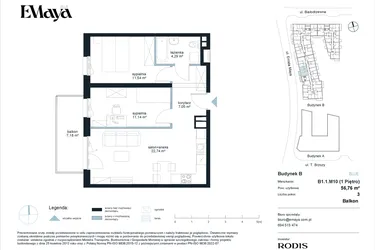 Rzut - Mieszkanie na sprzedaż 3 pokoje o powierzchni 56,76 m² - numer B1.1.M10 w EMaya