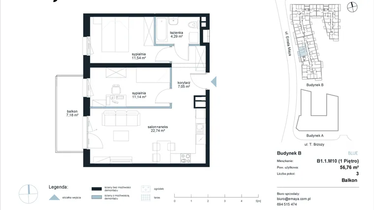 Rzut - Mieszkanie na sprzedaż 3 pokoje o powierzchni 56,76 m² - numer B1.1.M10 w EMaya