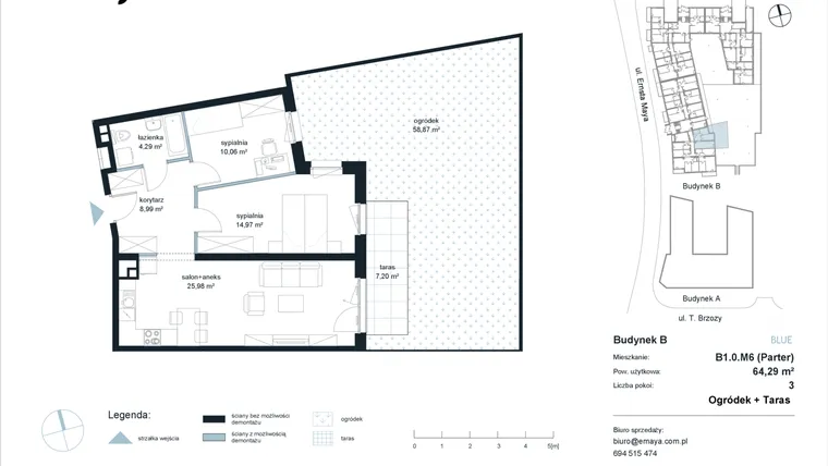 Rzut - Mieszkanie na sprzedaż 3 pokoje o powierzchni 64,29 m² - numer B1.0.M6 w EMaya
