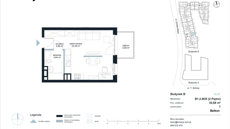 Rzut - Mieszkanie na sprzedaż 1 pokój o powierzchni 30,68 m² - numer B1.2.M25 w EMaya