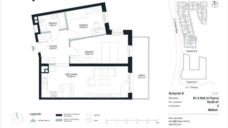 Rzut - Mieszkanie na sprzedaż 3 pokoje o powierzchni 64,29 m² - numer B1.2.M26 w EMaya