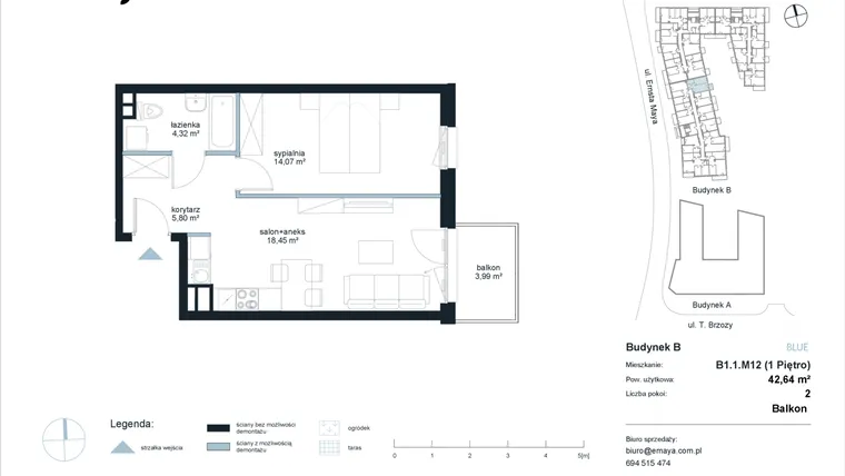 Rzut - Mieszkanie na sprzedaż 2 pokoje o powierzchni 42,64 m² - numer B1.1.M12 w EMaya