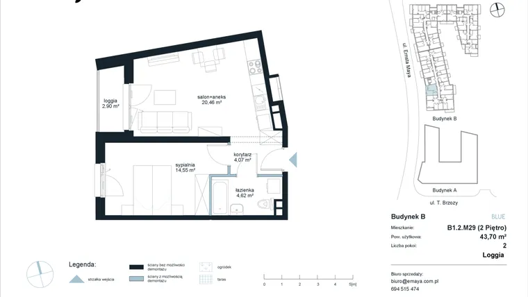 Rzut - Mieszkanie na sprzedaż 2 pokoje o powierzchni 43,7 m² - numer B1.2.M29 w EMaya