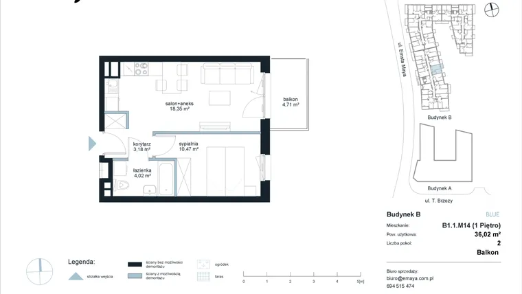 Rzut - Mieszkanie na sprzedaż 2 pokoje o powierzchni 36,02 m² - numer B1.1.M14 w EMaya