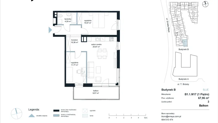 Rzut - Mieszkanie na sprzedaż 3 pokoje o powierzchni 67,96 m² - numer B1.1.M17 w EMaya