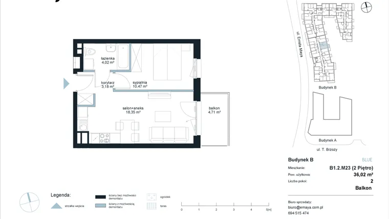 Rzut - Mieszkanie na sprzedaż 2 pokoje o powierzchni 36,02 m² - numer B1.2.M23 w EMaya