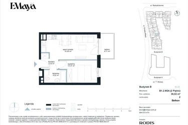 Rzut - Mieszkanie na sprzedaż 2 pokoje o powierzchni 36,02 m² - numer B1.2.M24 w EMaya
