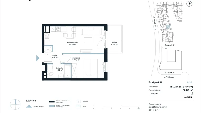 Rzut - Mieszkanie na sprzedaż 2 pokoje o powierzchni 36,02 m² - numer B1.2.M24 w EMaya