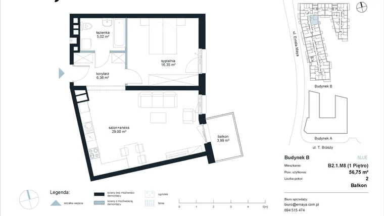 Rzut - Mieszkanie na sprzedaż 2 pokoje o powierzchni 56,75 m² - numer B2.1.M8 w EMaya