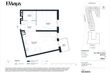 Rzut - Mieszkanie na sprzedaż 2 pokoje o powierzchni 56,75 m² - numer B2.1.M8 w EMaya