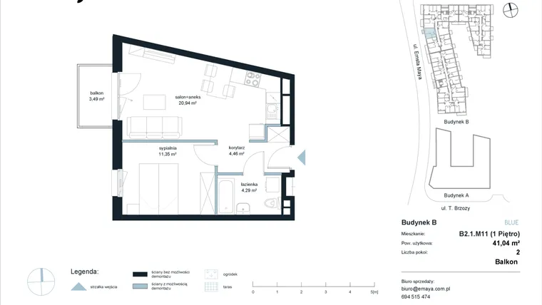 Rzut - Mieszkanie na sprzedaż 2 pokoje o powierzchni 41,04 m² - numer B2.1.M11 w EMaya