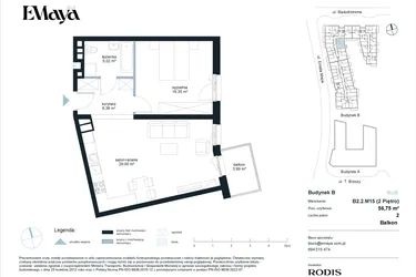 Rzut - Mieszkanie na sprzedaż 2 pokoje o powierzchni 56,75 m² - numer B2.2.M15 w EMaya