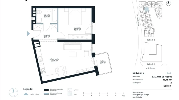 Rzut - Mieszkanie na sprzedaż 2 pokoje o powierzchni 56,75 m² - numer B2.2.M15 w EMaya