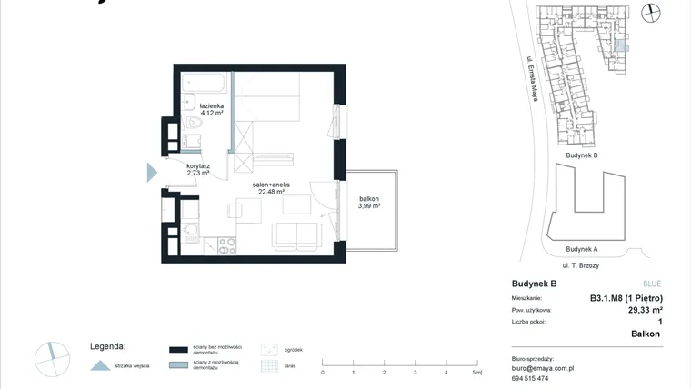 Rzut - Mieszkanie na sprzedaż 1 pokój o powierzchni 29,33 m² - numer B3.1.M8 w EMaya