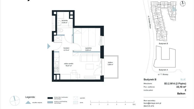 Rzut - Mieszkanie na sprzedaż 2 pokoje o powierzchni 33,1 m² - numer B3.2.M14 w EMaya
