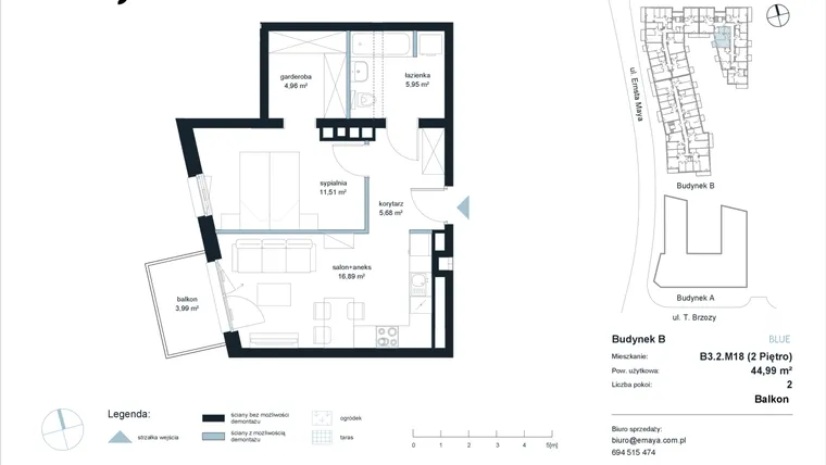 Rzut - Mieszkanie na sprzedaż 2 pokoje o powierzchni 44,99 m² - numer B3.2.M18 w EMaya