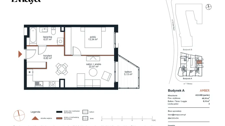 Rzut - Mieszkanie na sprzedaż 2 pokoje o powierzchni 49,1 m² - numer A2.0.M2 w EMaya