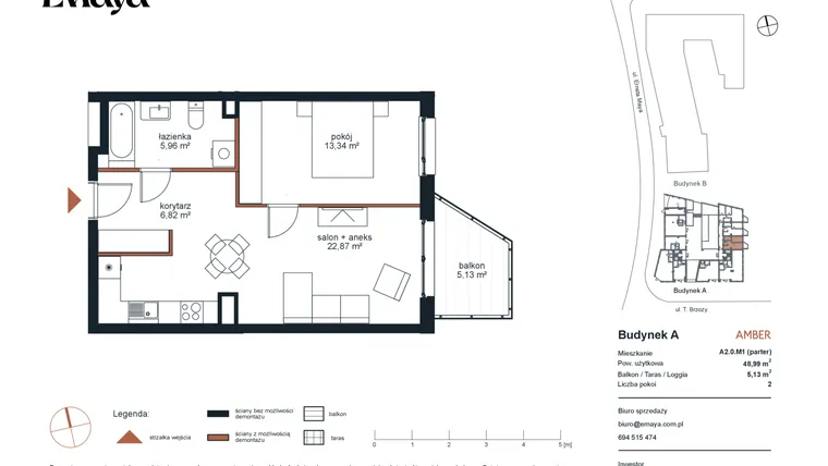 Rzut - Mieszkanie na sprzedaż 2 pokoje o powierzchni 48,99 m² - numer A2.0.M1 w EMaya