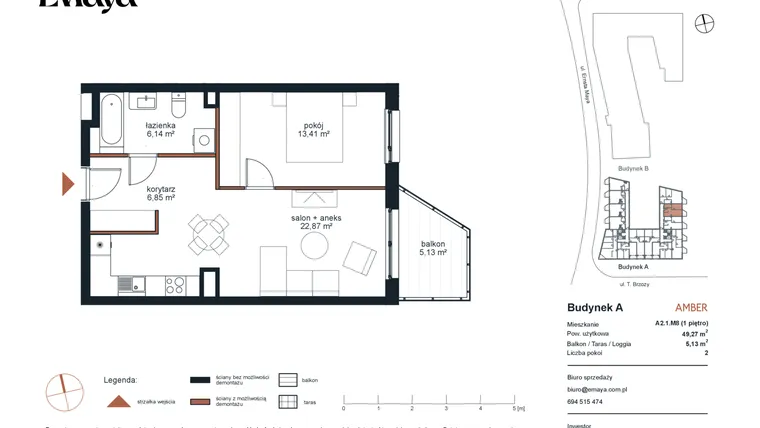 Rzut - Mieszkanie na sprzedaż 2 pokoje o powierzchni 49,27 m² - numer A2.1.M8 w EMaya