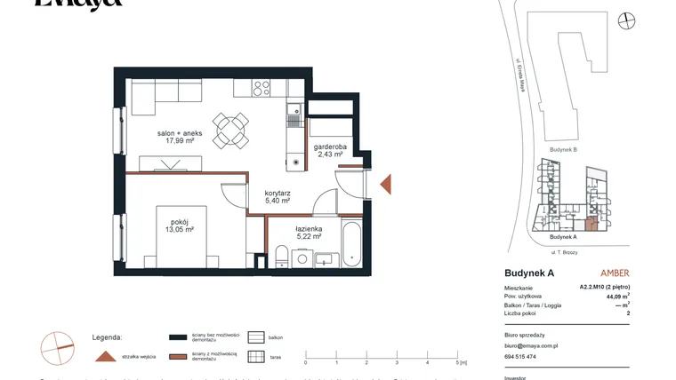 Rzut - Mieszkanie na sprzedaż 2 pokoje o powierzchni 44,09 m² - numer A2.2.M10 w EMaya