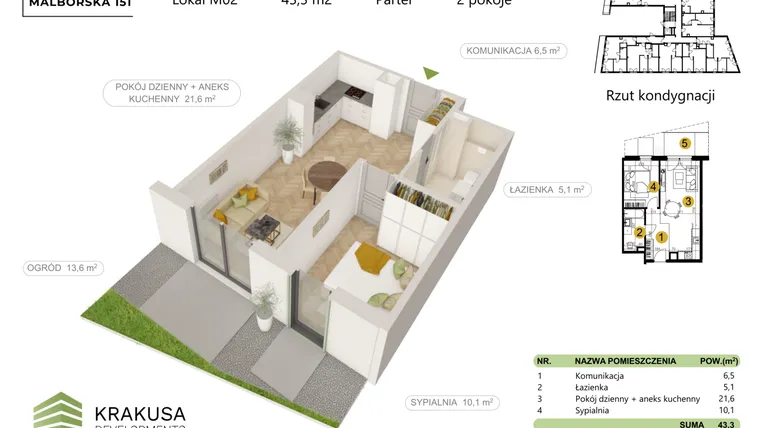 Rzut - Mieszkanie na sprzedaż 2 pokoje o powierzchni 43,3 m² - numer 2 w Malborska 151