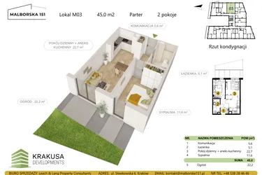 Rzut - Mieszkanie na sprzedaż 2 pokoje o powierzchni 45 m² - numer 3 w Malborska 151
