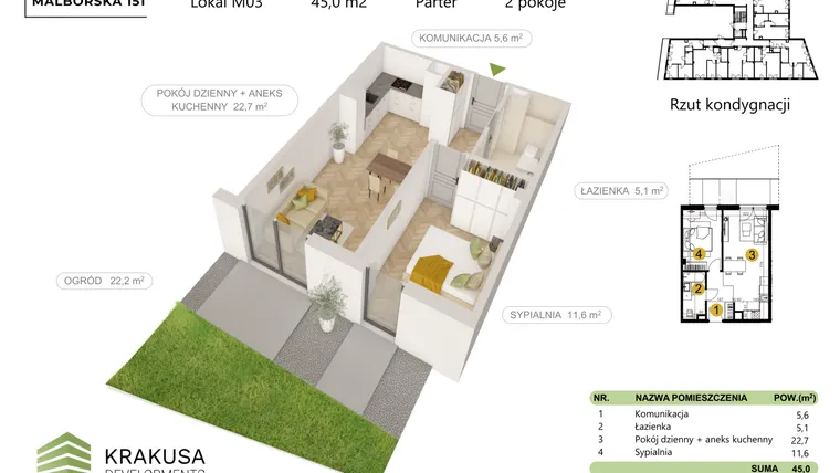Rzut - Mieszkanie na sprzedaż 2 pokoje o powierzchni 45 m² - numer 3 w Malborska 151