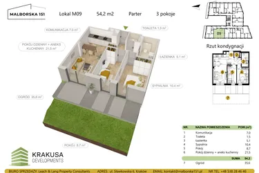 Rzut - Mieszkanie na sprzedaż 3 pokoje o powierzchni 54,2 m² - numer 9 w Malborska 151
