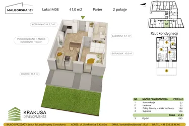 Rzut - Mieszkanie na sprzedaż 2 pokoje o powierzchni 41 m² - numer 8 w Malborska 151