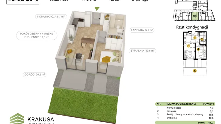 Rzut - Mieszkanie na sprzedaż 2 pokoje o powierzchni 41 m² - numer 8 w Malborska 151