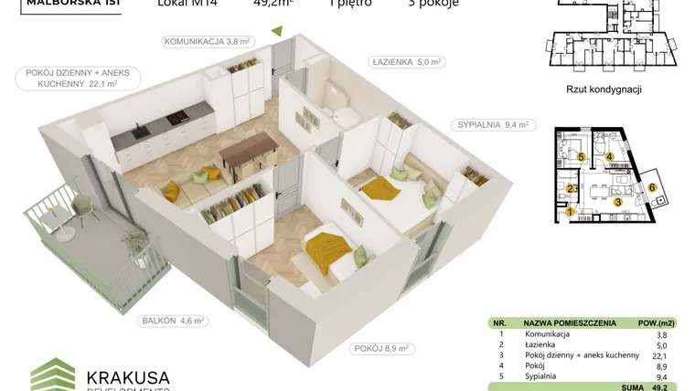 Rzut - Mieszkanie na sprzedaż 3 pokoje o powierzchni 49,2 m² - numer 14 w Malborska 151