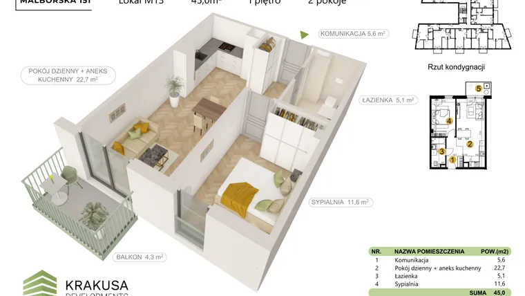 Rzut - Mieszkanie na sprzedaż 2 pokoje o powierzchni 45 m² - numer 13 w Malborska 151