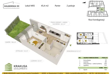 Rzut - Mieszkanie na sprzedaż 2 pokoje o powierzchni 45,4 m² - numer 5 w Malborska 151