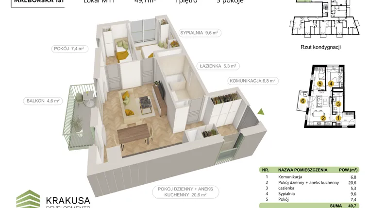 Rzut - Mieszkanie na sprzedaż 3 pokoje o powierzchni 49,7 m² - numer 11 w Malborska 151