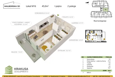 Rzut - Mieszkanie na sprzedaż 2 pokoje o powierzchni 45 m² - numer 16 w Malborska 151